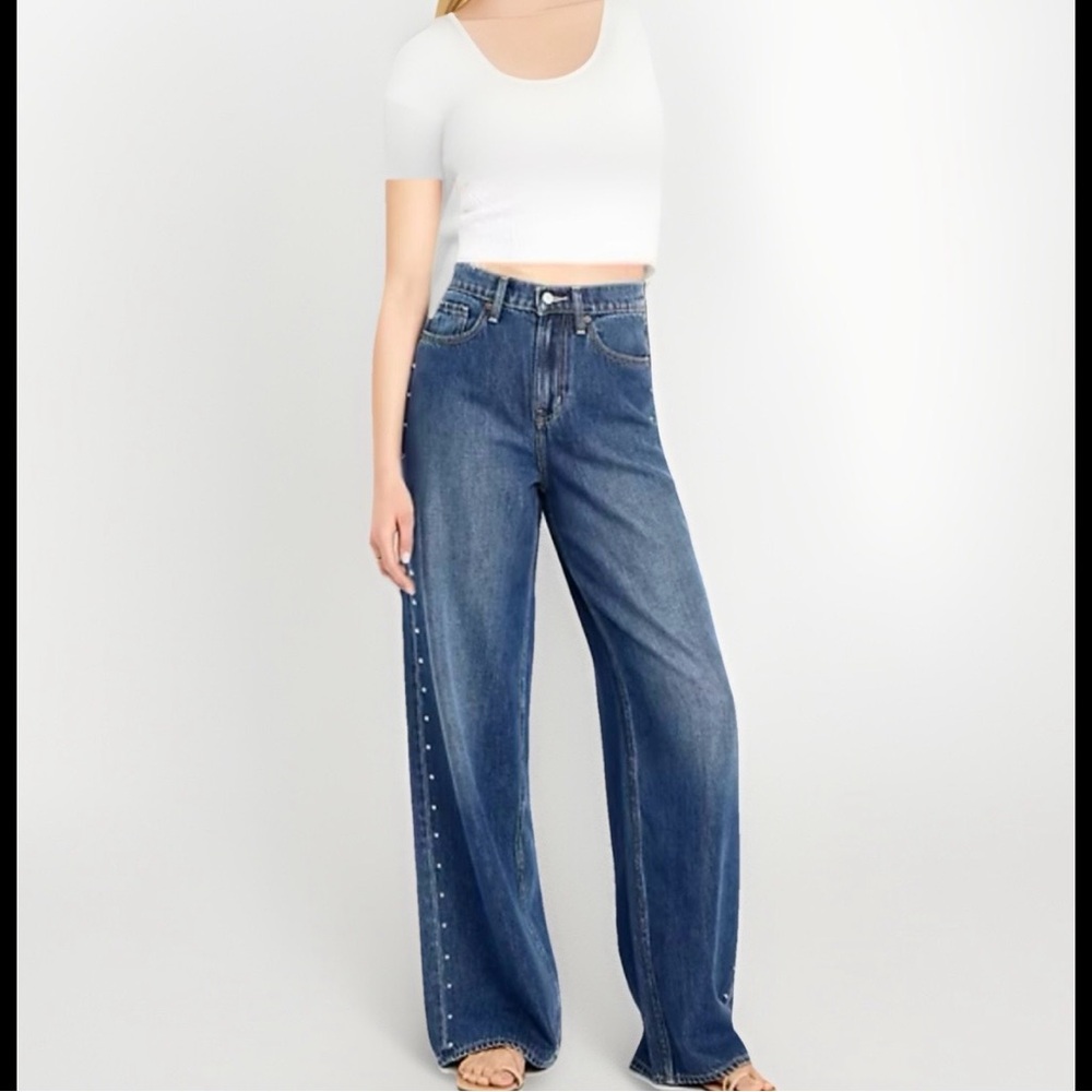 Old Navy Baggy Wide Leg Studded Jeans Womens Size 2 Blue Denim Western Rodeo NWT